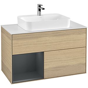 Villeroy und Boch Finion Waschtischunterschrank G361HGPC 100cm, Abdeckplatte white matt, Emotion, Regal links Midnight Blue Matt Lacquer, Oak Veneer