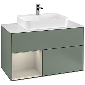 Villeroy und Boch Finion Waschtischunterschrank G361HHGM 100cm, Abdeckplatte white matt, Emotion, Regal links Sand Matt Lacquer, Olive Matt Lacquer
