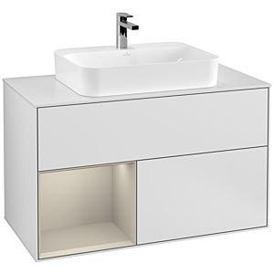 Villeroy und Boch Finion Waschtischunterschrank G361HHMT 100cm, Abdeckplatte white matt, Emotion, Regal links Sand Matt Lacquer, White matt lacquer