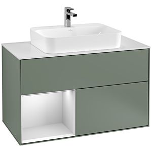 Villeroy und Boch Finion Waschtischunterschrank G361MTGM 100cm, Abdeckplatte white matt, Emotion, Regal links White matt lacquer, Olive Matt Lacquer