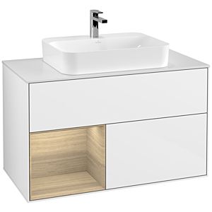 Villeroy und Boch Finion Waschtischunterschrank G361PCGF 100cm, Abdeckplatte white matt, Emotion, Regal links Oak Veneer, Glossy white lacquer