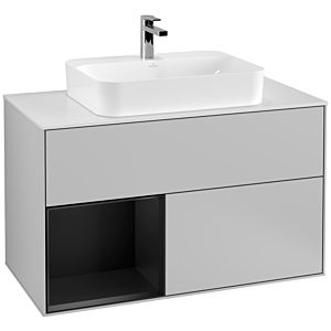 Villeroy und Boch Finion Waschtischunterschrank G361PDGJ 100cm, Abdeckplatte white matt, Emotion, Regal links Black matt lacquer, Light grey matt