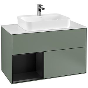 Villeroy et Boch Finion Villeroy et Boch G361PDGM 100cm, plaque de recouvrement blanc mat, Emotion, étagère gauche laqué noir mat, Olive Matt Lacquer