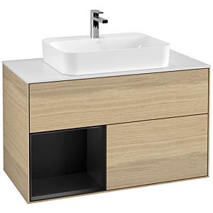 Villeroy und Boch Finion Waschtischunterschrank G361PDPC 100cm, Abdeckplatte white matt, Emotion, Regal links Black matt lacquer, Oak Veneer