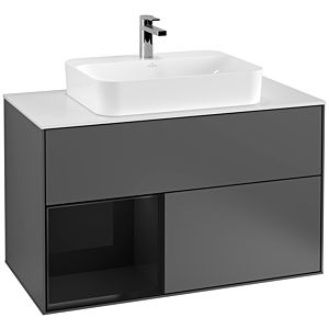 Villeroy und Boch Finion Waschtischunterschrank G361PHGK 100cm, Abdeckplatte white matt, Emotion, Regal links Glossy Black Lacquer, Anthracite matt
