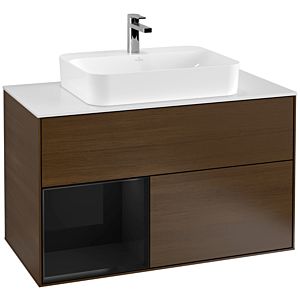 Villeroy und Boch Finion Waschtischunterschrank G361PHGN 100cm, Abdeckplatte white matt, Emotion, Regal links Glossy Black Lacquer, Walnut veneer