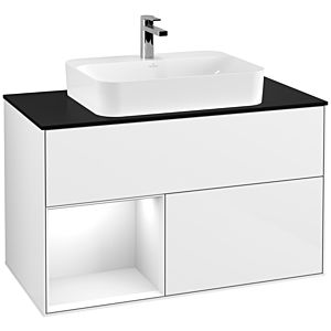 Villeroy und Boch Finion Waschtischunterschrank G362GFGF 100cm, Abdeckplatte black matt, Emotion, Regal links Glossy white lacquer, Glossy white lacquer