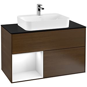 Villeroy and Boch Finion Villeroy and Boch Finion G362GFGN 100cm, cover plate black matt, Emotion, shelf left Glossy white lacquer, Walnut veneer