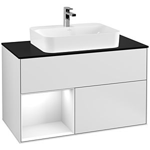 Villeroy and Boch Finion Villeroy and Boch Finion G362GFMT 100cm, cover plate black matt, Emotion, shelf left glossy white lacquer, white matt lacquer