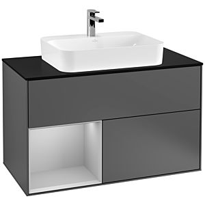 Villeroy und Boch Finion Waschtischunterschrank G362GJGK 100cm, Abdeckplatte black matt, Emotion, Regal links Light grey matt, Anthracite matt