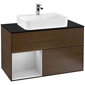Villeroy und Boch Finion Waschtischunterschrank G362GJGN 100cm, Abdeckplatte black matt, Emotion, Regal links Light grey matt, Walnut veneer