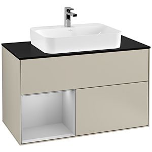 Villeroy und Boch Finion Waschtischunterschrank G362GJHH 100cm, Abdeckplatte black matt, Emotion, Regal links Light grey matt, Sand Matt Lacquer
