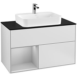 Villeroy und Boch Finion Waschtischunterschrank G362GJMT 100cm, Abdeckplatte black matt, Emotion, Regal links Light grey matt, White matt lacquer