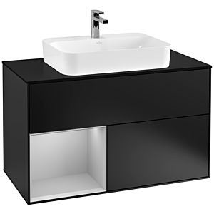 Villeroy und Boch Finion Waschtischunterschrank G362GJPD 100cm, Abdeckplatte black matt, Emotion, Regal links Light grey matt, Black matt lacquer