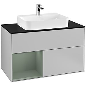 Villeroy und Boch Finion Waschtischunterschrank G362GMGJ 100cm, Abdeckplatte black matt, Emotion, Regal links Olive Matt Lacquer, Light grey matt