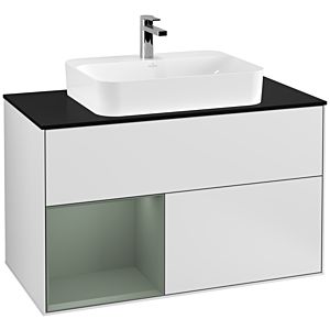 Villeroy und Boch Finion Waschtischunterschrank G362GMMT 100cm, Abdeckplatte black matt, Emotion, Regal links Olive Matt Lacquer, White matt lacquer