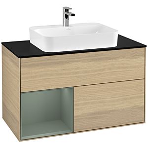 Villeroy und Boch Finion Waschtischunterschrank G362GMPC 100cm, Abdeckplatte black matt, Emotion, Regal links Olive Matt Lacquer, Oak Veneer
