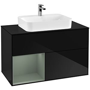 Villeroy und Boch Finion Waschtischunterschrank G362GMPH 100cm, Abdeckplatte black matt, Emotion, Regal links Olive Matt Lacquer, Glossy Black Lacquer