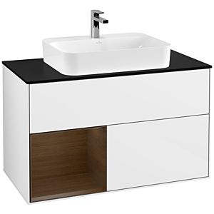Villeroy und Boch Finion Waschtischunterschrank G362GNGF 100cm, Abdeckplatte black matt, Emotion, Regal links Walnut veneer, Glossy white lacquer