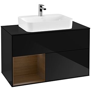 Villeroy und Boch Finion Waschtischunterschrank G362GNPH 100cm, Abdeckplatte black matt, Emotion, Regal links Walnut veneer, Glossy Black Lacquer
