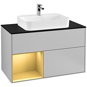 Villeroy und Boch Finion Waschtischunterschrank G362HFGJ 100cm, Abdeckplatte black matt, Emotion, Regal links Gold matt, Light grey matt