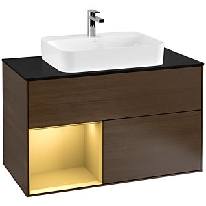 Villeroy und Boch Finion Waschtischunterschrank G362HFGN 100cm, Abdeckplatte black matt, Emotion, Regal links Gold matt, Walnut veneer