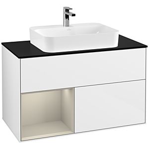 Villeroy und Boch Finion Waschtischunterschrank G362HHGF 100cm, Abdeckplatte black matt, Emotion, Regal links Sand Matt Lacquer, Glossy white lacquer
