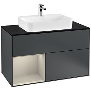 Villeroy und Boch Finion Waschtischunterschrank G362HHHG 100cm, Abdeckplatte black matt, Emotion, Regal links Sand Matt Lacquer, Midnight Blue Matt Lacquer