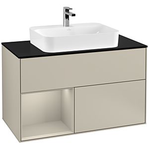 Villeroy und Boch Finion Waschtischunterschrank G362HHHH 100cm, Abdeckplatte black matt, Emotion, Regal links Sand Matt Lacquer, Sand Matt Lacquer