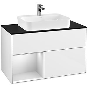 Villeroy und Boch Finion Waschtischunterschrank G362MTGF 100cm, Abdeckplatte black matt, Emotion, Regal links White matt lacquer, Glossy white lacquer