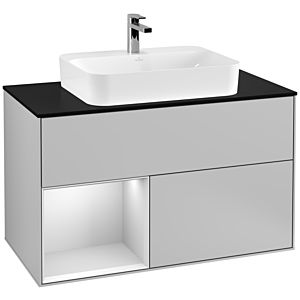Villeroy und Boch Finion Waschtischunterschrank G362MTGJ 100cm, Abdeckplatte black matt, Emotion, Regal links White matt lacquer, Light grey matt