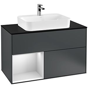 Villeroy und Boch Finion Waschtischunterschrank G362MTHG 100cm, Abdeckplatte black matt, Emotion, Regal links White matt lacquer, Midnight Blue Matt Lacquer