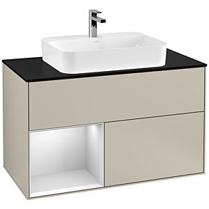 Villeroy und Boch Finion Waschtischunterschrank G362MTHH 100cm, Abdeckplatte black matt, Emotion, Regal links White matt lacquer, Sand Matt Lacquer