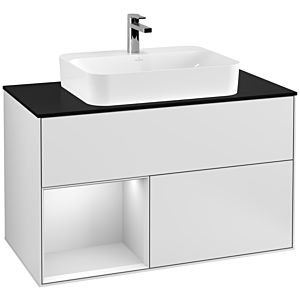 Villeroy und Boch Finion Waschtischunterschrank G362MTMT 100cm, Abdeckplatte black matt, Emotion, Regal links White matt lacquer, White matt lacquer