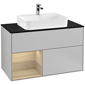 Villeroy und Boch Finion Waschtischunterschrank G362PCGJ 100cm, Abdeckplatte black matt, Emotion, Regal links Oak Veneer, Light grey matt