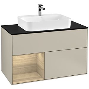 Villeroy und Boch Finion Waschtischunterschrank G362PCHH 100cm, Abdeckplatte black matt, Emotion, Regal links Oak Veneer, Sand Matt Lacquer