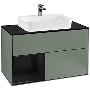 Villeroy und Boch Finion Waschtischunterschrank G362PHGM 100cm, Abdeckplatte black matt, Emotion, Regal links Glossy Black Lacquer, Olive Matt Lacquer