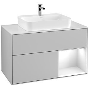 Villeroy und Boch Finion Waschtischunterschrank G371GFGJ 100cm, Abdeckplatte white matt, Emotion, Regal rechts Glossy white lacquer, Light grey matt