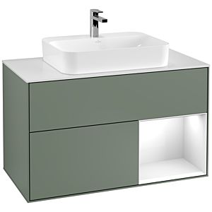 Villeroy et Boch Finion Villeroy et Boch G371GFGM 100cm, plaque de finition blanc mat, Emotion, étagère à droite Laque blanc brillant, Olive Matt Lacquer