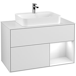 Villeroy et Boch Finion Villeroy et Boch G371GFMT 100cm, couvercle blanc mat, Emotion, étagère à droite laqué blanc brillant, laqué blanc mat