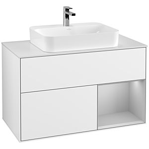 Villeroy und Boch Finion Waschtischunterschrank G371GJGF 100cm, Abdeckplatte white matt, Emotion, Regal rechts Light grey matt, Glossy white lacquer