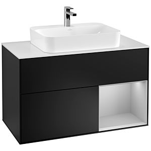Villeroy und Boch Finion Waschtischunterschrank G371GJPD 100cm, Abdeckplatte white matt, Emotion, Regal rechts Light grey matt, Black matt lacquer