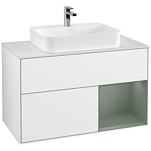 Villeroy und Boch Finion Waschtischunterschrank G371GMGF 100cm, Abdeckplatte white matt, Emotion, Regal rechts Olive Matt Lacquer, Glossy white lacquer