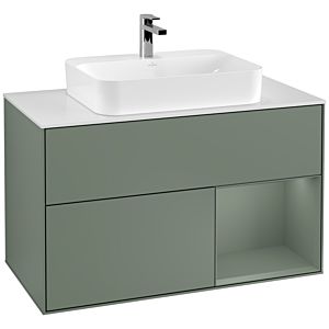 Villeroy und Boch Finion Waschtischunterschrank G371GMGM 100cm, Abdeckplatte white matt, Emotion, Regal rechts Olive Matt Lacquer, Olive Matt Lacquer