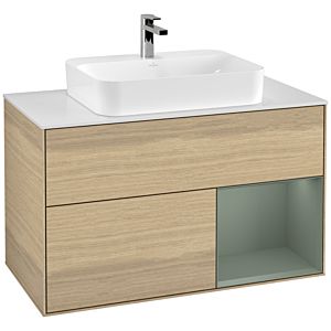 Villeroy et Boch Finion Villeroy et Boch G371GMPC 100cm, plaque de finition blanc mat, émotion, étagère à droite Olive Matt Lacquer , Oak Veneer