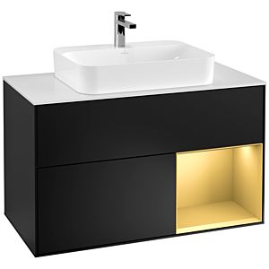 Villeroy und Boch Finion Waschtischunterschrank G371HFPD 100cm, Abdeckplatte white matt, Emotion, Regal rechts Gold matt, Black matt lacquer