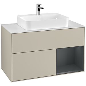 Villeroy und Boch Finion Waschtischunterschrank G371HGHH 100cm, Abdeckplatte white matt, Emotion, Regal rechts Midnight Blue Matt Lacquer, Sand Matt Lacquer