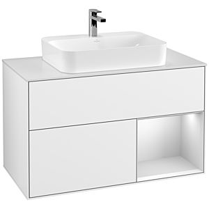 Villeroy et Boch Finion Villeroy et Boch G371MTGF 100cm, plaque de recouvrement blanc mat, Emotion, étagère à droite laqué blanc mat, laqué blanc brillant