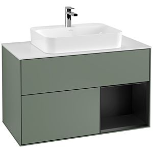 Villeroy und Boch Finion Waschtischunterschrank G371PDGM 100cm, Abdeckplatte white matt, Emotion, Regal rechts Black matt lacquer, Olive Matt Lacquer