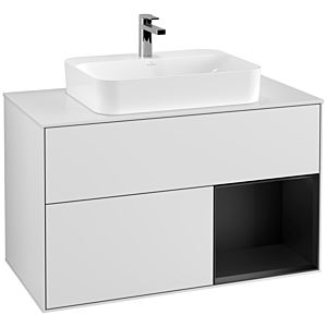 Villeroy et Boch Finion Villeroy et Boch G371PDMT 100cm, plaque de finition blanc mat, Emotion, étagère à droite laqué noir mat, laqué blanc mat